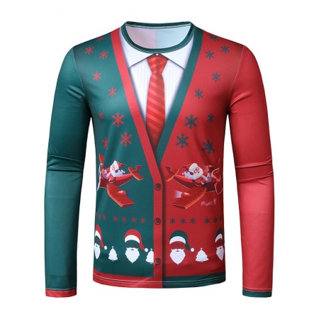 New 3D Personality Fake Two-Piece Printing Fashion Men's Christmas Long-Sleeved T-Shirt