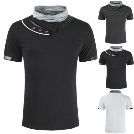 New Men's Personalized Sports T-Shirt Fashion Leather High Pile Collar Short Sleeve T-Shirts