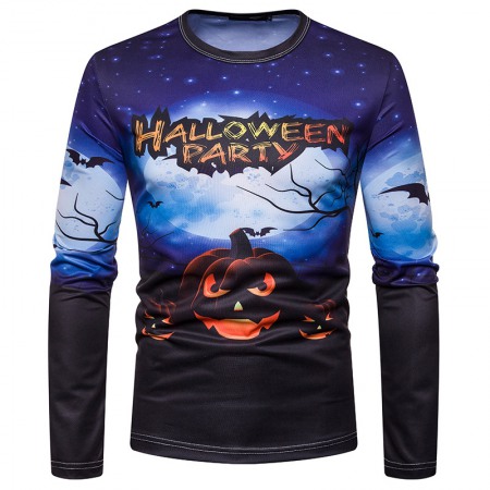 New 3D Digital Printed Pumpkin Head Picture Halloween Long Sleeve Round Neck T-Shirt