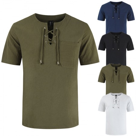 New Summer Men's Casual Street Men's Short-Sleeved T-Shirt Cotton and Linen Lace Casual Fashion